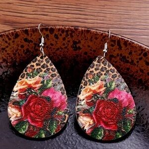 Pair of Vegan Leather Earrings Red Rose Animal Print